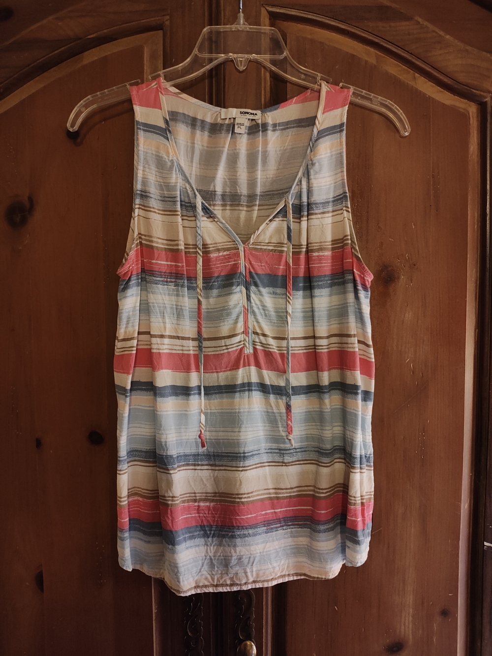 Sonoma Striped Tie-Front V-Neck Tank in Coral, Blue & Cream